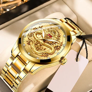 Montre Dragon doré en relief
