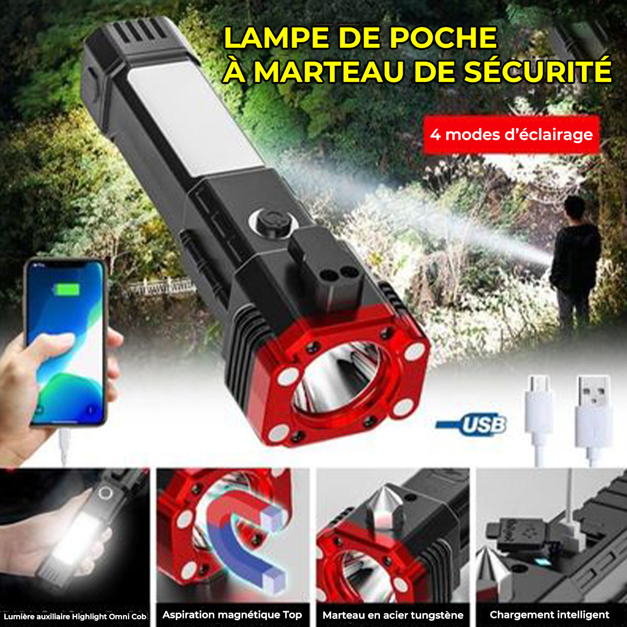 Lampe de Poche LED Lumineuse Extérieure Multifonctionnelle